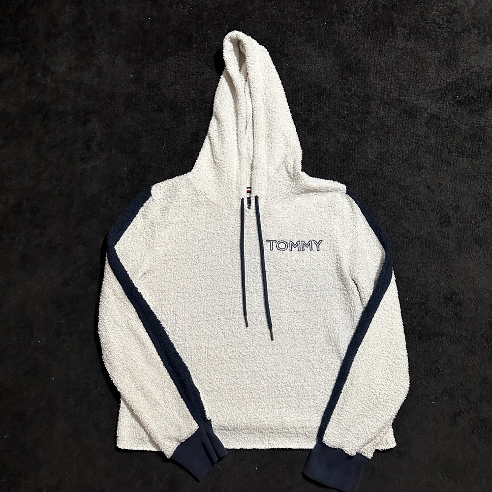 Tommy Hilfiger Hoodie Womens Medium Sherpa Fleece Cream Navy Stripe Pullover